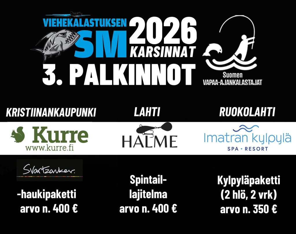 3. palkinto
Kristiinankaupunki: Svartzonker haukipaketti
Lahti: Spintail-lajitelma
Ruokolahti: Kylpyläpaketti