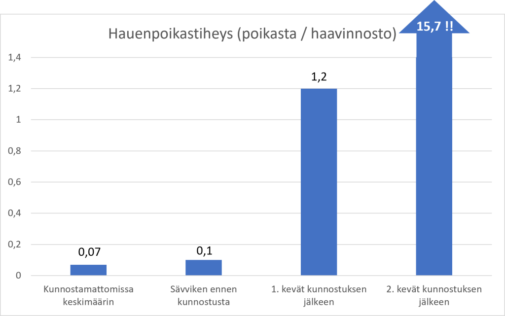 Sävvikenin hauenpoikastiheydet LUKE:n seurantatutkimuksessa paranivat räjähdysmäisesti kunnostuksen jälkeen. Yli 15 poikasta per haavin nosto on ennennäkemättömän kova tulos.